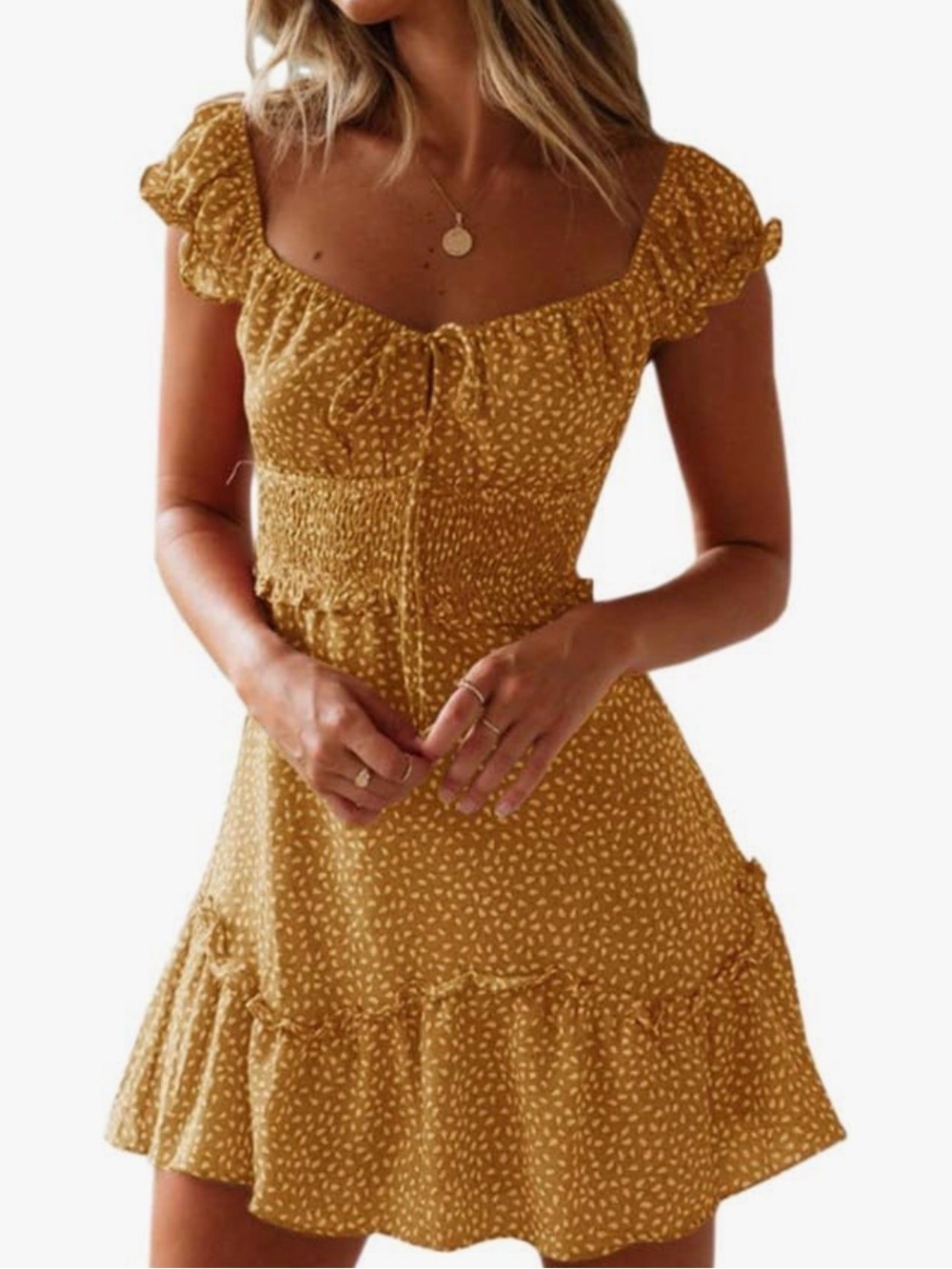Women’s' Yellow Dot Smocked Waist Mini Dress